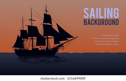 Illustration of a sailing ship silhouette on the sea horizon. Suitable for background designs of ocean voyages and adventures.