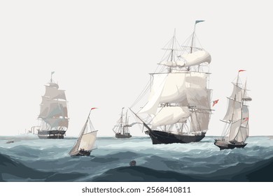 Illustration of sailing ships on the ocean. Multiple ships with sails on the sea. Nautical scene with ships, sails, and ocean waves. Maritime ships and sails. Vintage art drawing illustration vector.