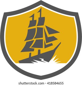 Illustration of a sailing tall galleon ship set inside crest shied on isolated background done in retro style. 