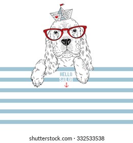 illustration of sailor cocker doggy on stripy background