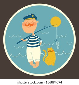 Illustration of sailor fishing with a cat