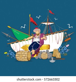 Illustration of a sailor man lives in Mediterranean Sea, in a symbolic composition.