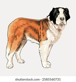 Illustration of a Saint Bernard dog. The Saint Bernard has a strong build, with a thick coat. This Saint Bernard dog is standing, showcasing its large size. Vintage dog illustration vector.