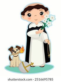 Ilustração de São Domingos de Guzman, santo religioso, dominicano, com cão, fogo e mundo, rosário e flores, ilustração para crianças