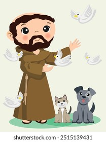 Illustration of Saint Francis of Assisi, religious saint, Italian saint, stigmata, saint with animals, dog, cat, doves, Franciscan, art