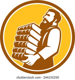 Illustration of Saint Jerome carrying a stack of books viewed from side set inside circle done in retro style.