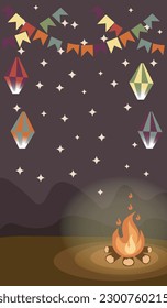 Illustration with Saint John bonfire, balloons, pennants. June celebration. Vector for cards.