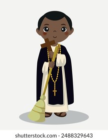 Illustration of Saint Martin de Porres, Saint Moreno, with broom and habit, Dominican Saints, Peruvian Saint