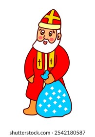 illustration of Saint Nicholas dressed in a red robe, holding a blue sack with snowflake patterns, depicted in a cheerful, cartoon style for holiday-themed designs.