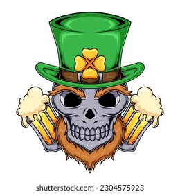 Illustration of Saint Patrick human skull mascot character with beer mugs