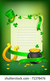 illustration of Saint Patrick's day card with hat gold pot and horse shoe