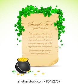 illustration of Saint Patrick's Day card with clove leaf and gold pot
