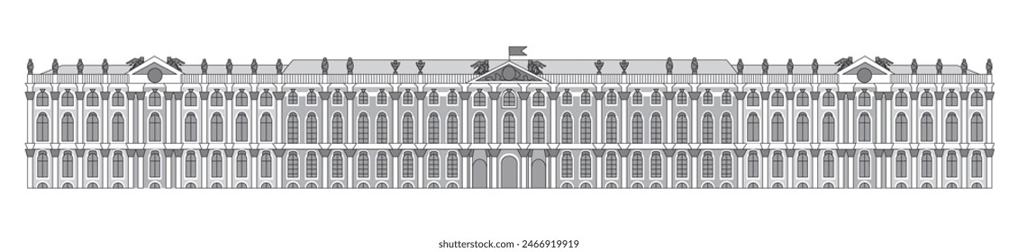 Illustration of Saint Petersburg, Hermitage Museum view from the Neva River monochrome vector illustration.