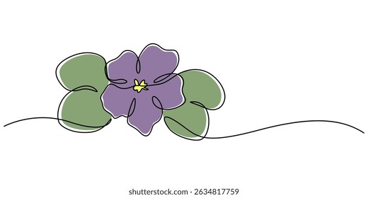 An illustration of a Saintpaulia flowering plant on a white background, African violet in continuous line art drawing style. Saintpaulia flowering plant black linear sketch isolated on pro vector.