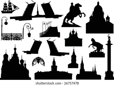 illustration with saint-petersburg architecture silhouettes isolated on white background