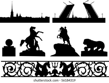 Illustration with Saint-Petersburg architecture silhouettes isolated on white background