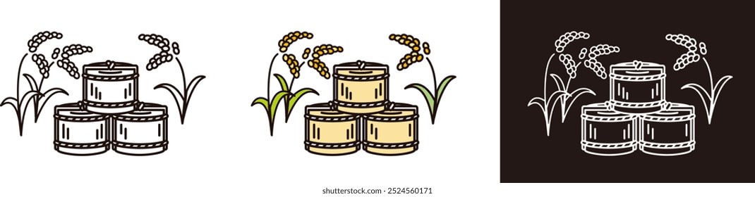 Illustration of sake (sake barrel) and rice. Japanese culture vector icon. Simple design.