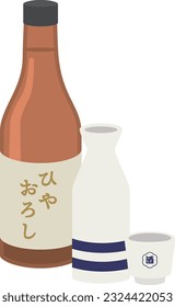 The illustration of sake poured into a tokkuri (sake decanter) and ochoko (sake cups) with the label 'Hiyaoroshi'.