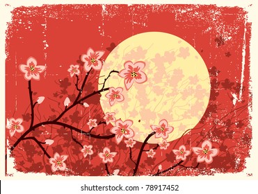 Illustration of sakura branches.Vector  grunge image on old texture
