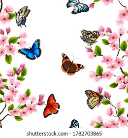 Ilustración con sakura y mariposas. Patrón vectorial con sakura floreciente y mariposas coloridas.