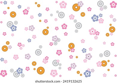 Illustration, The sakura flower with gold and silver lucky coin on white background.
