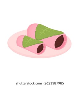 Illustration of sakura mochi on a plate, pink sweet rice cake with red bean paste