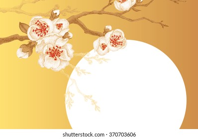 Illustration Sakura on a gold background with space for text. Vector Oriental cherry tree. Designed to create wedding invitations, greetings, cards. Vintage style. Gold foil.