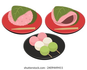 Ilustración de sakuramochi y dango de tres colores