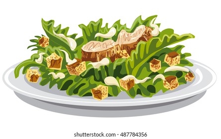 illustration of salad caesar with croutons and mayonnaise