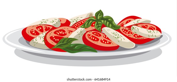 illustration of salad with cheese mozzarella, tomatoes and basil