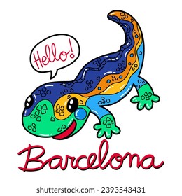 Illustration of a salamander made of modernist mosaic, souvenir from Barcelona. Print design