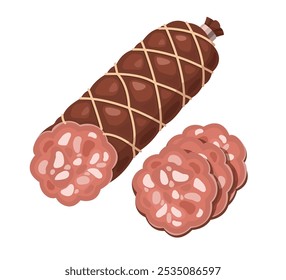 Ilustração de uma salsicha de salame envolta em rede de corda, com fatias mostradas ao lado, ideal para alimentos e desenhos culinários.