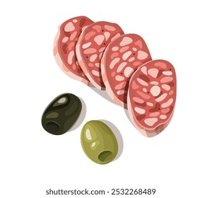 Illustration of salami slices paired with green and black olives on a white background, ideal for culinary and food designs. Top view.