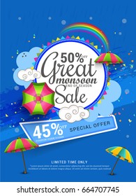 Illustration, sale banner, sale poster for Monsoon season raining drops,colorful umbrella with text space background.