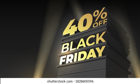 Illustration for sale and discount BLACK FRIDAY with volumetric letters, building and spotlight. 40 forty percent OFF. Vector template for flyer, shop, business, cards, promo, ad.