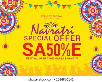 Illustration Of Sale Poster Or Sale Banner For Indian Festival Navratri Celebration,Big Navratri sale offer background.