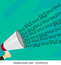 Illustration of sale and promotion related word coming out from megaphone. Vector illustration.