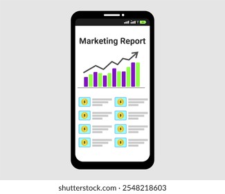 Illustration of sales report on smartphone device, showing performance metrics through dynamic charts and analytics. This design emphasizes efficiency in monitoring business progress at all times.