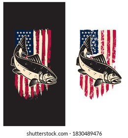 Illustration of salmon fish of background of usa flag in grunge style. Design element for poster,card, banner, sign, emblem. Vector illustration