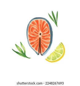 Illustration of salmon slice in hand drawn watercolor style isolated on white background. Vector design element. 