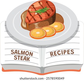 Illustration of salmon steak with citrus garnish