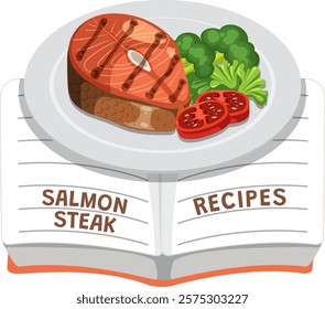 Illustration of salmon steak with vegetables on plate