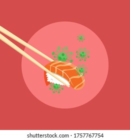 Illustration of salmon sushi that carry corona virus. Salmon has been linked to corona virus outbreak in China. Flat style vector design