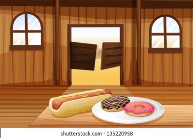 Illustration of a saloon bar with foods in the table