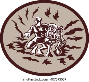 Illustration of Samoan legend Tiitii wrestling the God of Earthquake and breaking his arm set inside circle done in retro woodcut style