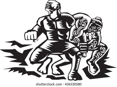 Illustration of Samoan legendTiitii wrestling the God of Earthquake and breaking his arm done in retro woodcut style.