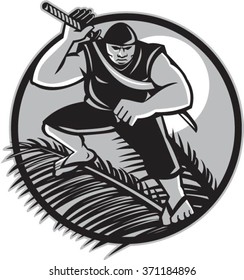 Illustration of a Samoan Ninja with samurai sword standing on top of coconut frond wearing slippers with full moon in  background set inside circle done in retro style. 