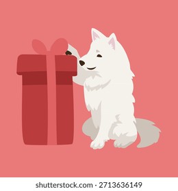 Ilustración del perro Samoyed con presente