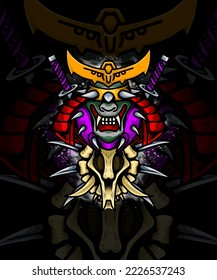 illustration of samurai and animal head skeleton