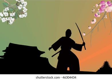 Illustration Samurai Cherry Tree Branches Stock Vector (Royalty Free ...